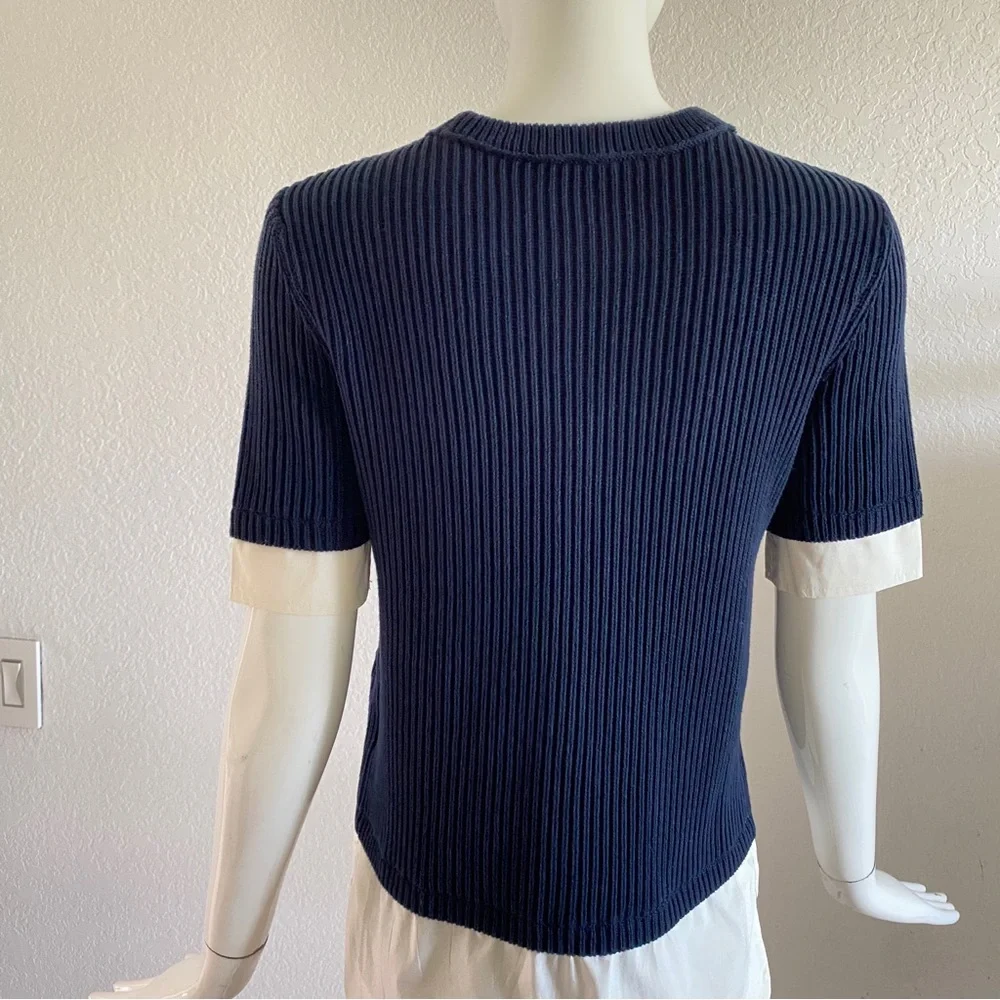 Tory Burch Navy Blue Ribbed Shirt layered Sweater
